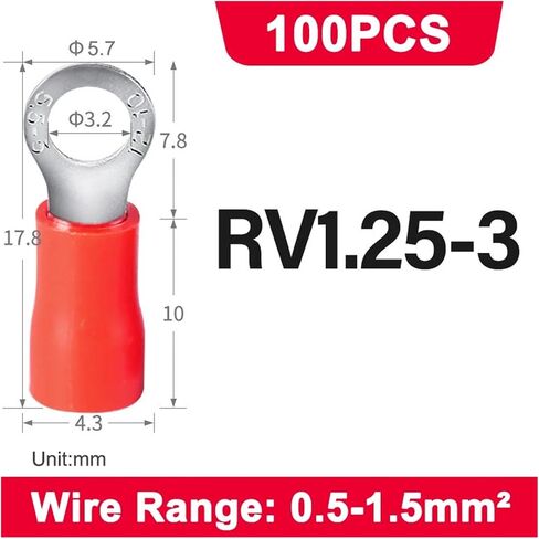 50 PCS RV Terminal Lug Wire Connector Insulated Cable Connector Ring Crimp Terminal RV1.25/2/5.5 22-10AWG 0.5-6mm2(RV2-6) in Saudi Arabia