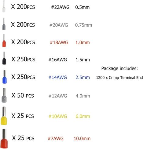 1200 Piece Wire Ferrule, Insulated Crimp Pin Terminal Kit for Projects, AWG 24-7, 8 Sizes, Ferrule Crimp Kit in Saudi Arabia