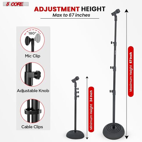5 Core Mic Stand Floor Heavy Duty Height Adjustable 37.5-70 Inch Microphone Stands Pedestal Round Base Soporte De micrófono for Singing On Stage Studio - MS RBP5 in Saudi Arabia
