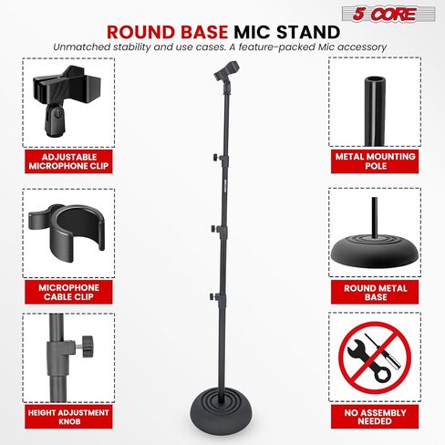 5 Core Mic Stand Floor Heavy Duty Height Adjustable 37.5-70 Inch Microphone Stands Pedestal Round Base Soporte De micrófono for Singing On Stage Studio - MS RBP5 in Saudi Arabia