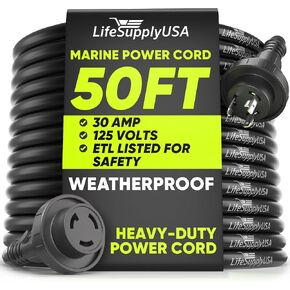 50ft Marine Shore Power Cord 30 amp ، NEMA L5-30P إلى L5-30R Twist Lock ، كابل تمديد 125V 10AWG SJTW مع موصل مضاء ، مدرجة في قفص الاتهام للقوارب RV بواسطة LifeSupplyusa in Kuwait