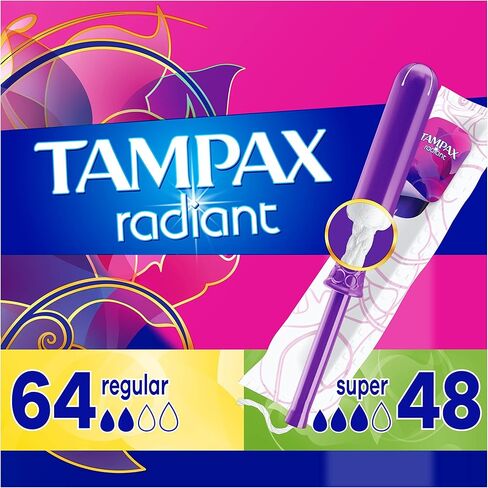 سدادات Tampax Radiant البلاستيكية ، DUOPACK العادية/الفائقة ، 112 عدد ، غير معقولة ، 28 ، حزمة 4 (إجمالي عدد 112) in Saudi Arabia