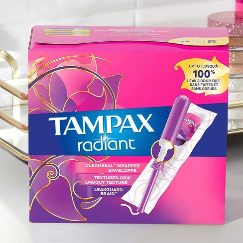 سدادات Tampax Radiant البلاستيكية ، DUOPACK العادية/الفائقة ، 112 عدد ، غير معقولة ، 28 ، حزمة 4 (إجمالي عدد 112) in Saudi Arabia