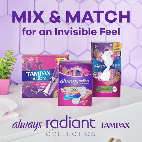 سدادات Tampax Radiant البلاستيكية ، DUOPACK العادية/الفائقة ، 112 عدد ، غير معقولة ، 28 ، حزمة 4 (إجمالي عدد 112) in Saudi Arabia