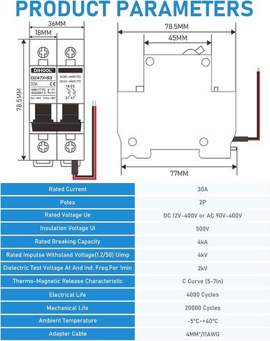 Dihool AC DC قاطع دائرة مصغرة ، 30 أمبير 12-240V 2 عمود التحكم عن بُعد عن طريق تعثر الإشارة ، مفتاح قطع الاتصال الشمسي للسكك الحديدية. in Kuwait