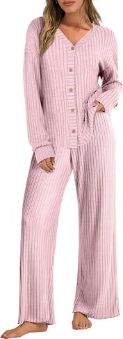 ANRABESS Women's 2 Piece Lounge Pajama Sets Ribbed Long Sleeve Button Top Matching Pants Sleepwear PJ Set 2025 Fall Outfits in Saudi Arabia