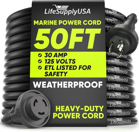 50ft Marine Shore Power Cord 30 amp ، NEMA L5-30P إلى L5-30R Twist Lock ، كابل تمديد 125V 10AWG SJTW مع موصل مضاء ، مدرجة في قفص الاتهام للقوارب RV بواسطة LifeSupplyusa in Kuwait