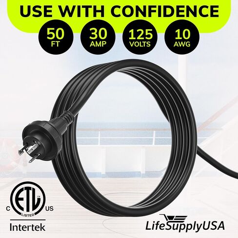 50ft Marine Shore Power Cord 30 amp ، NEMA L5-30P إلى L5-30R Twist Lock ، كابل تمديد 125V 10AWG SJTW مع موصل مضاء ، مدرجة في قفص الاتهام للقوارب RV بواسطة LifeSupplyusa in Kuwait