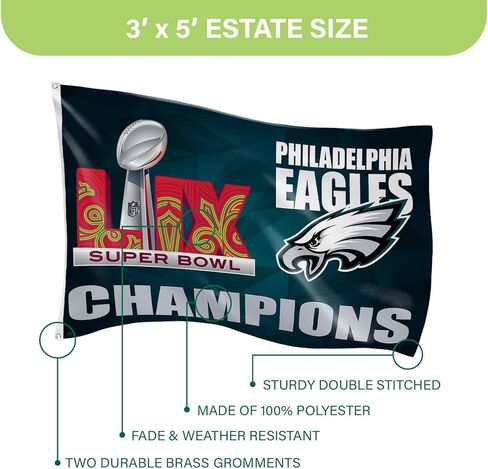 NFL Philadelphia Eagles 2025 Superbowl 59 Championship ، 3 × 5 علم متين في الهواء الطلق مع الحلقات ، العلم الثقيل والشعيرات لزخارف الفناء في حديقة في الهواء الطلق ، ديكور الجدار الداخلي للغرفة ، يعمل مع الأعمدة للعلم للمنزل الخارجي in Kuwait