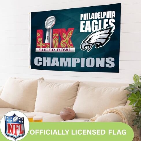 NFL Philadelphia Eagles 2025 Superbowl 59 Championship ، 3 × 5 علم متين في الهواء الطلق مع الحلقات ، العلم الثقيل والشعيرات لزخارف الفناء في حديقة في الهواء الطلق ، ديكور الجدار الداخلي للغرفة ، يعمل مع الأعمدة للعلم للمنزل الخارجي in Kuwait