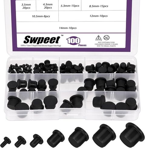 SWPEET 100PCS 7 أحجام 3.5/4.3/5.3/8.3/10.5/12.5/14 مم طقم توصيل صلبة من المطاط من المطاط ، سدادة مطاطية على شكل T ، ثقوب قابس مقاومة للماء لطلاء طلاء مسحوق طلاء أسطوان in Saudi Arabia