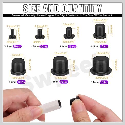 SWPEET 100PCS 7 أحجام 3.5/4.3/5.3/8.3/10.5/12.5/14 مم طقم توصيل صلبة من المطاط من المطاط ، سدادة مطاطية على شكل T ، ثقوب قابس مقاومة للماء لطلاء طلاء مسحوق طلاء أسطوان in Saudi Arabia