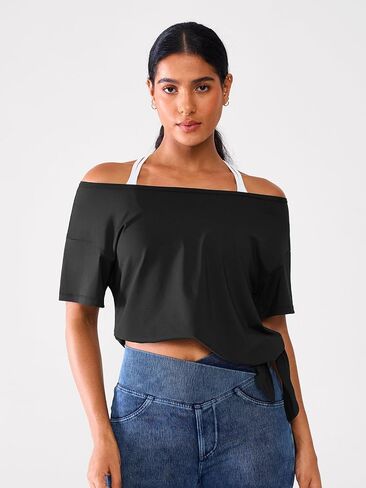 رطوبة الفتل كبيرة الحجم قبالة كتف كتف القمم للنساء الأكمام قصيرة اليوغا تمرين تي شيرت تي شيرت in Kuwait