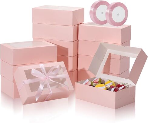 COTOPHER 30Pcs Cookie Boxes with Ribbons, 9x6x3 Inch Bakery Boxes with Window, Pink Treat Containers for Pastries, Chocolate Covered Strawberries, Dessert, Easter Candy, Muffins, Donuts in Saudi Arabia
