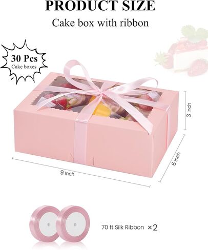 COTOPHER 30Pcs Cookie Boxes with Ribbons, 9x6x3 Inch Bakery Boxes with Window, Pink Treat Containers for Pastries, Chocolate Covered Strawberries, Dessert, Easter Candy, Muffins, Donuts in Saudi Arabia