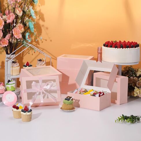 COTOPHER 30Pcs Cookie Boxes with Ribbons, 9x6x3 Inch Bakery Boxes with Window, Pink Treat Containers for Pastries, Chocolate Covered Strawberries, Dessert, Easter Candy, Muffins, Donuts in Saudi Arabia