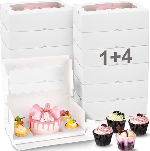 2 Pack 1+4 Bento Cake Box with Cupcakes Bento Cake and Cupcake Boxes Combo Cakes Boxes with Clear Window for Donuts Treats Muffins Wedding Birthday Party Bakery Baking Supplies (Pink) in Saudi Arabia