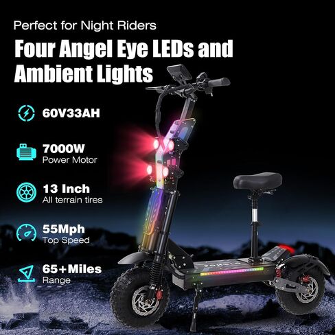 Electric Scooter Adult, 7000W Motor, 60V 33Ah Battery, 55 mph, Max 65 Miles Range, Hydraulic Suspension, Hydraulic Brakes, 13"All Terrain Tires, Adjustable Handlebar Height, Folding EScooter with Seat in Saudi Arabia