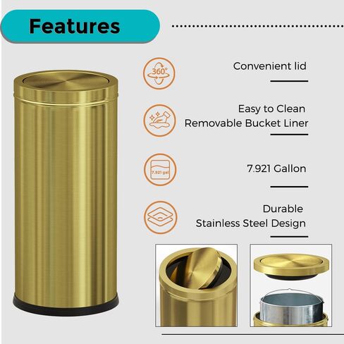 7.92 gallon/30L Kitchen Trash Can with Lid, Tall Slim, Elegant, Gold, Brushed Stainless Steel Garbage Can for Office, Hotel, Kitchen (30Lgold) in Kuwait