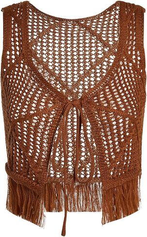 MakeMeChic Women's Crochet Sweater Vest Tie Front Fringe Sleeveless Vintage Crop Knitwear in Saudi Arabia