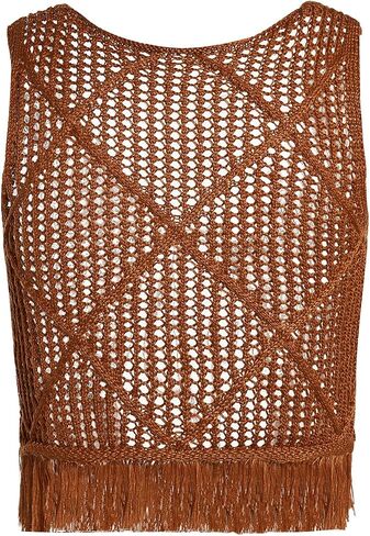 MakeMeChic Women's Crochet Sweater Vest Tie Front Fringe Sleeveless Vintage Crop Knitwear in Saudi Arabia