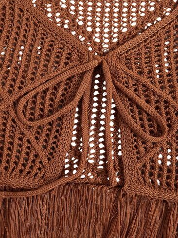 MakeMeChic Women's Crochet Sweater Vest Tie Front Fringe Sleeveless Vintage Crop Knitwear in Saudi Arabia