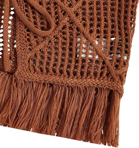MakeMeChic Women's Crochet Sweater Vest Tie Front Fringe Sleeveless Vintage Crop Knitwear in Saudi Arabia