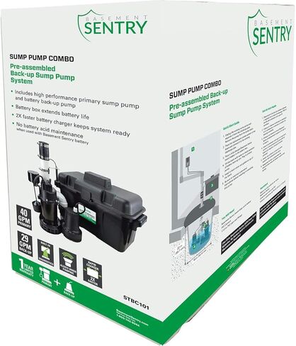الطابق السفلي Sentry Battery Backup Sump Pump System Combo (مسبقًا) مضخة الحوض الأولية ومضخة احتياطية للبطارية ، وحدة تحكم ، نظام إنذار ، شاحن ، مفتاح تعويم وصندوق البطارية in Kuwait