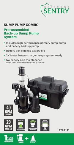 الطابق السفلي Sentry Battery Backup Sump Pump System Combo (مسبقًا) مضخة الحوض الأولية ومضخة احتياطية للبطارية ، وحدة تحكم ، نظام إنذار ، شاحن ، مفتاح تعويم وصندوق البطارية in Kuwait