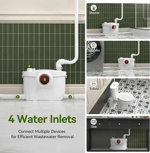Superflo 750W مضخة Macerator لنظام المرحاض الطابق السفلي 32.8 قدم/10 أمتار الرأس ، 9000 لتر/ساعة تدفق ، مضخة مرفوفة الصرف الصحي مع 4 مداخل للمرحاض ، المطبخ ، الحوض ، دش in Kuwait