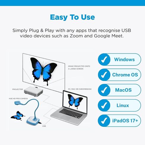 HUE HD Pro USB Document Camera/Visualizer for Teachers/Classroom, Black | Full HD 1080p Flexible Camera, Built-in Microphone & LED Lights, Windows / ChromeOS / MacOS / iPadOS 17+ Compatibility in Kuwait