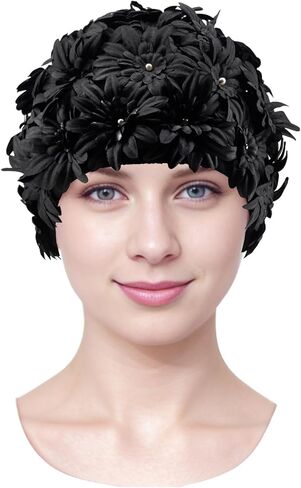 Floral Petal Swim Cap Bathing Cap for Women Girls Long Short Hair Retro Elastic Swimming Turban with Flowers Pearls in Kuwait
