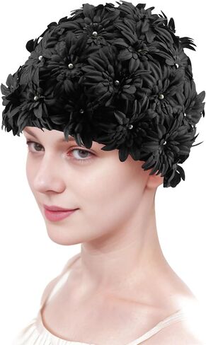Floral Petal Swim Cap Bathing Cap for Women Girls Long Short Hair Retro Elastic Swimming Turban with Flowers Pearls in Kuwait