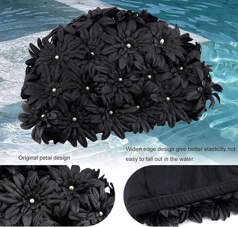 Floral Petal Swim Cap Bathing Cap for Women Girls Long Short Hair Retro Elastic Swimming Turban with Flowers Pearls in Kuwait