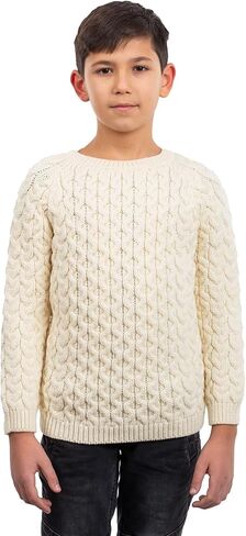 SAOL Classic Aran Cable Sweater for Kids: Crew Neck, 100% Merino Wool Celtci Knit Made in Ireland in Saudi Arabia