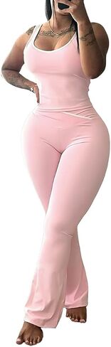 Two Piece Workout Sets for Women Tank Top and Color Block Flare Long Pant Gym Yoga Jogging Outfits in Saudi Arabia