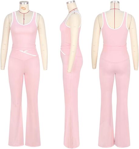 Two Piece Workout Sets for Women Tank Top and Color Block Flare Long Pant Gym Yoga Jogging Outfits in Saudi Arabia