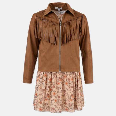 Speechless Girls' Long Sleeve Mesh Dress and Sueded Fringe Jacket in Saudi Arabia