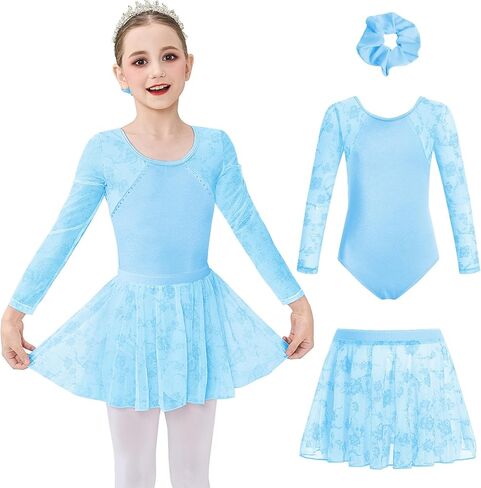 Jiamy Girls Ballet Hoodards Long Sleeve Mesh Toddler Dance Leotard Dress Combo مع تنورة قابلة للإزالة in Kuwait