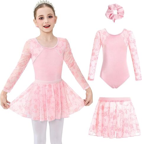 Jiamy Girls Ballet Hoodards Long Sleeve Mesh Toddler Dance Leotard Dress Combo مع تنورة قابلة للإزالة in Kuwait