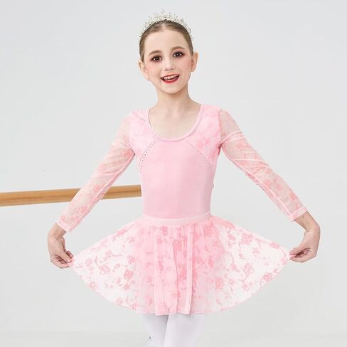 Jiamy Girls Ballet Hoodards Long Sleeve Mesh Toddler Dance Leotard Dress Combo مع تنورة قابلة للإزالة in Kuwait