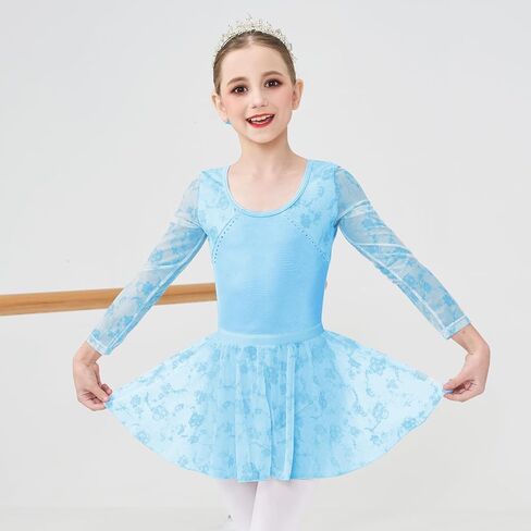 Jiamy Girls Ballet Hoodards Long Sleeve Mesh Toddler Dance Leotard Dress Combo مع تنورة قابلة للإزالة in Kuwait