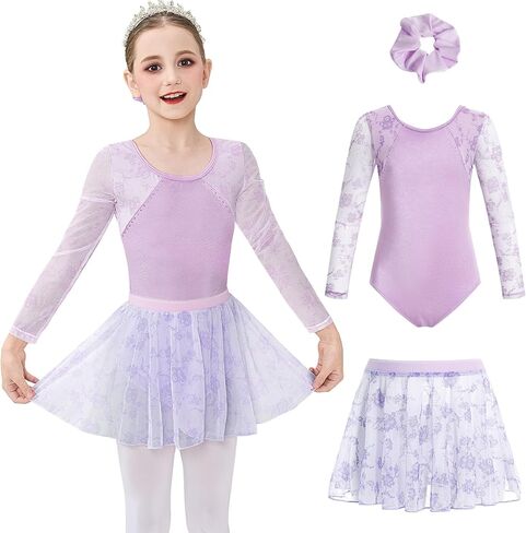 Jiamy Girls Ballet Hoodards Long Sleeve Mesh Toddler Dance Leotard Dress Combo مع تنورة قابلة للإزالة in Kuwait