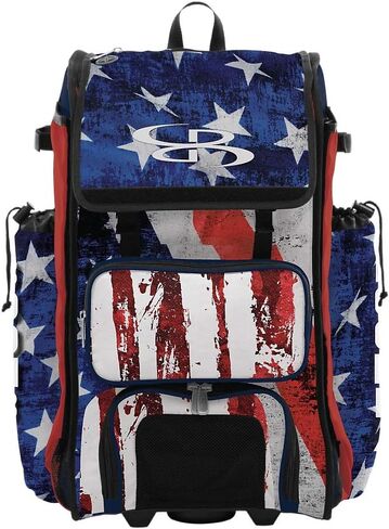 Boombah Rolling Catchers Superpack 2.0 Baseball/Softball Gear Bag - 23-1/2 "× 13-1/2" × 9-1/2 " - Stars & Stripes Navy/Red/White - مقبض تلسكوبي - يحمل 4 خفافيش - نسخة ذات عجلات in Saudi Arabia