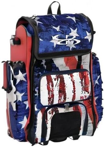 Boombah Rolling Catchers Superpack 2.0 Baseball/Softball Gear Bag - 23-1/2 "× 13-1/2" × 9-1/2 " - Stars & Stripes Navy/Red/White - مقبض تلسكوبي - يحمل 4 خفافيش - نسخة ذات عجلات in Saudi Arabia