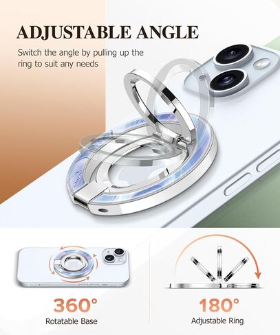 GVIEWIN Magnetic Phone Ring Holder, Compatible with MagSafe Phone Grip with Adjustable Stand, Magnet Phone Ring Kickstand for iPhone 16 Pro Max/Plus/15/14/13/12 Series/Other Phones (Glitter/Black) in Saudi Arabia