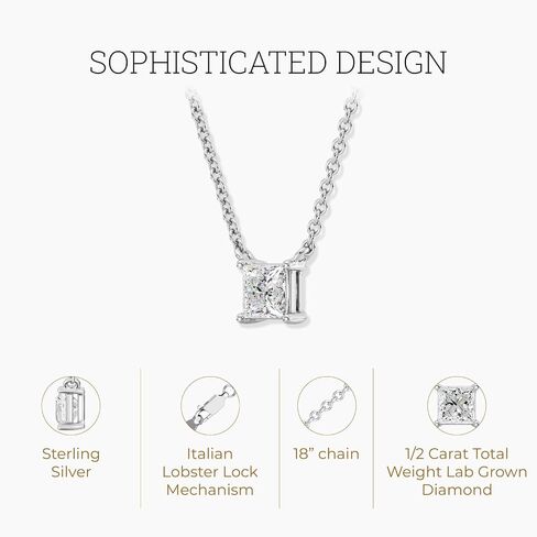 GILDED 1/2 CTTW Lab-Grown Diamond Solitaire Pendant, Sterling Silver, 18" Chain, Tarnish-Resistant, Ethical Jewelry, Gift-Ready for Women in Saudi Arabia