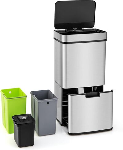 Goplus 19 Gal Stainless Steel Trash Can, 72 L Volume in 4 Containers, Motion Sensor Trash Bin w/Kitchen Waste Bin & 2 Bottom Recycling Bins, Touchless Garbage Can w/Soft Close Lid, Battery Operated in Saudi Arabia
