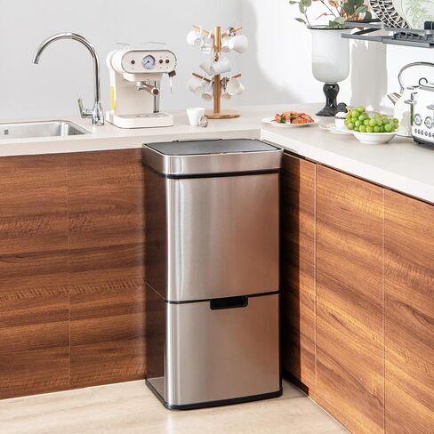 Goplus 19 Gal Stainless Steel Trash Can, 72 L Volume in 4 Containers, Motion Sensor Trash Bin w/Kitchen Waste Bin & 2 Bottom Recycling Bins, Touchless Garbage Can w/Soft Close Lid, Battery Operated in Saudi Arabia