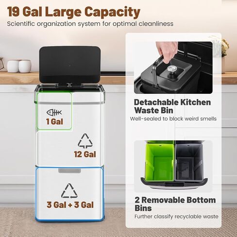 Goplus 19 Gal Stainless Steel Trash Can, 72 L Volume in 4 Containers, Motion Sensor Trash Bin w/Kitchen Waste Bin & 2 Bottom Recycling Bins, Touchless Garbage Can w/Soft Close Lid, Battery Operated in Saudi Arabia